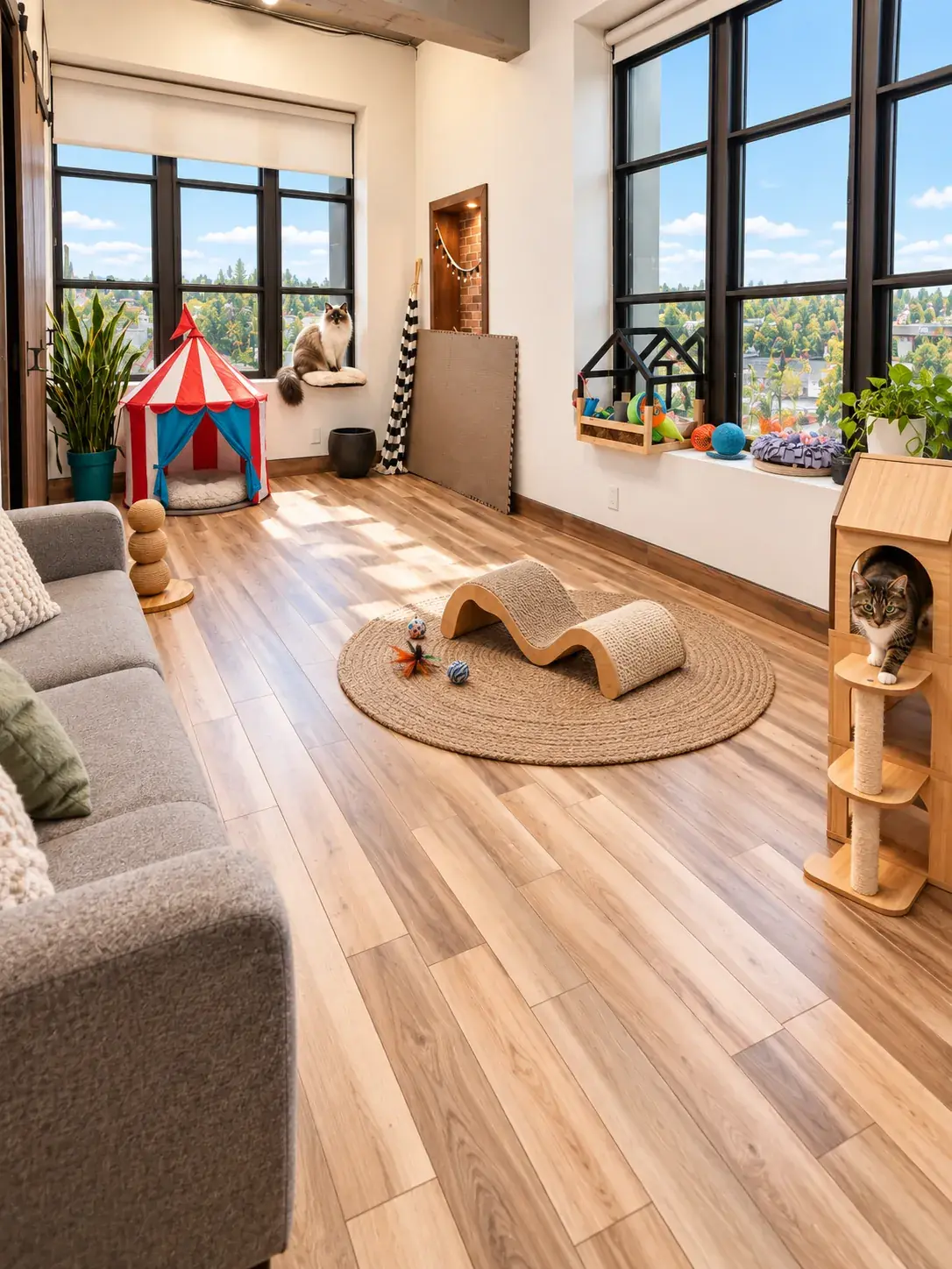 Cat room at Doggieville MTL in Montreal: a cat tree, a wave scratcher, a play tent and a cat on the window perch