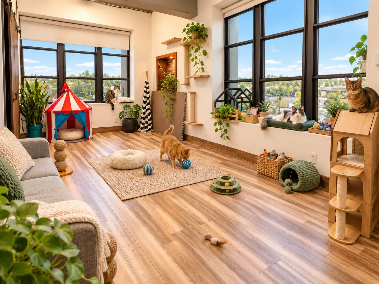 Cats playing in the cat room at Doggieville MTL, with a cat tree, a play tent, toys and window perches