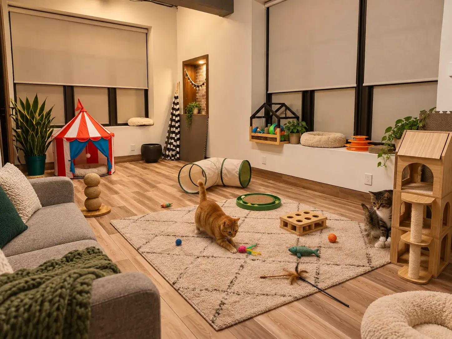 Orange cat playing with a feather toy on a rug in the cat room at Doggieville MTL, with a tunnel and a cat tree