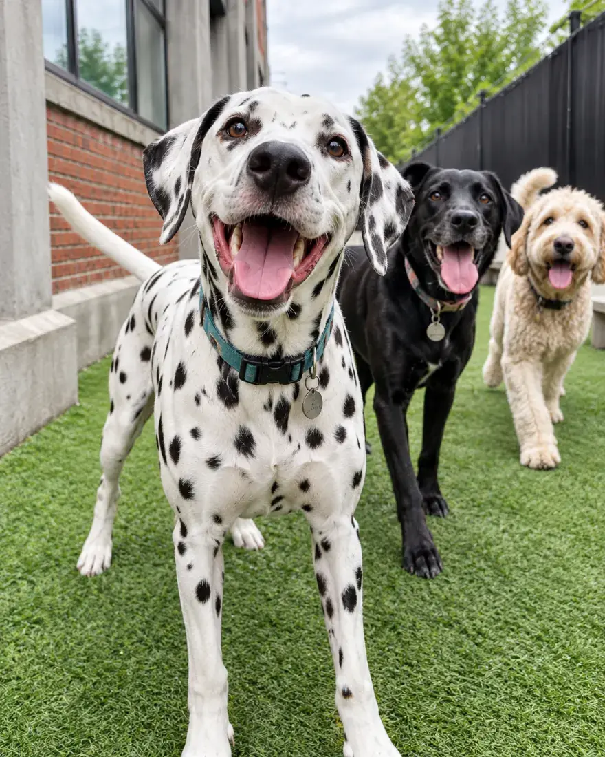 Dalmatien qui joue avec d’autres chiens dans un groupe supervisé à la Garderie DV, garderie pour chien à Montréal