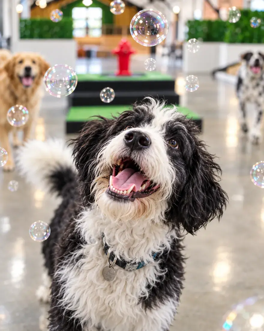 Dogs playing with bubbles in the DV Playcare indoor dog park, Montreal