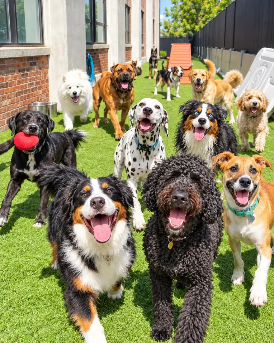Grand groupe de chiens qui jouent dans le parc extérieur clôturé de la Garderie DV, garderie pour chien à Montréal