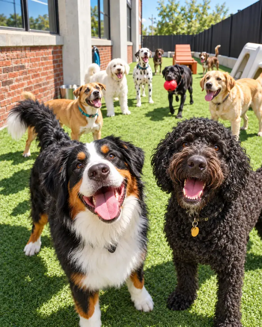 Chiens qui jouent au parc extérieur de la Garderie DV, garderie pour chien à Montréal