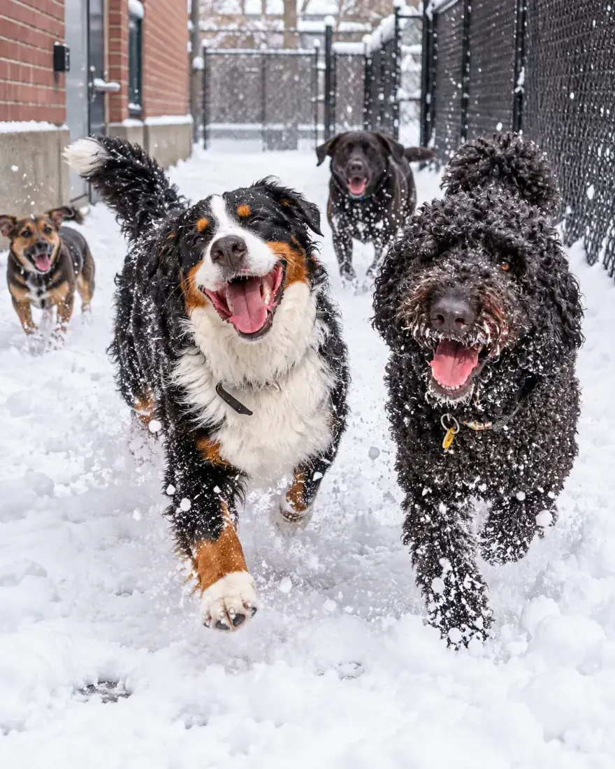 A Bernese doodle running in the snow at Doggieville MTL in Montreal