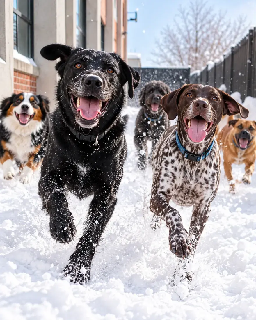 Chiens qui jouent dans la neige à la Garderie DV, garderie pour chien à Montréal, en hiver