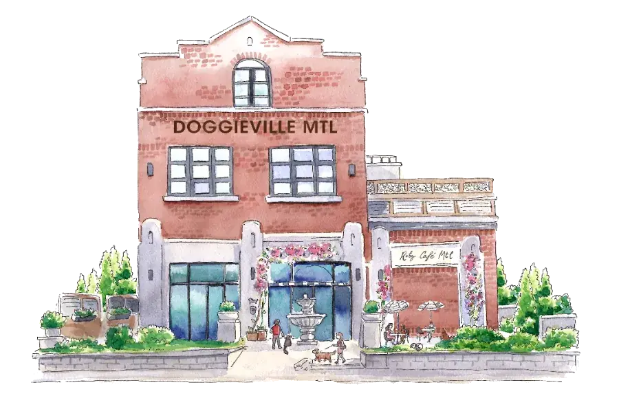 Aquarelle de l’édifice Doggieville MTL et du Ruby Café MTL sur la rue Saint-Patrick, à Montréal