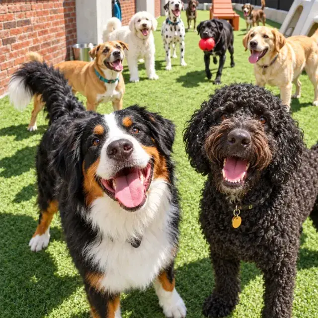 Pack of happy dogs in the DV Playcare outdoor park in Montreal