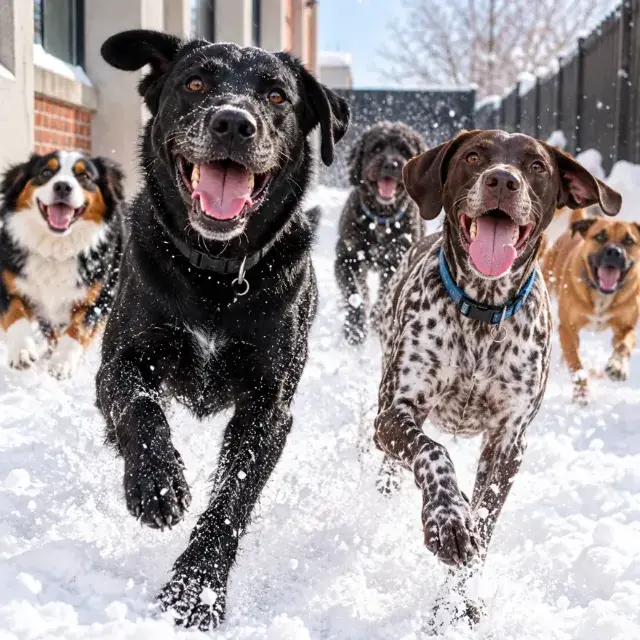 Dogs playing in the snow at the DV Playcare outdoor park