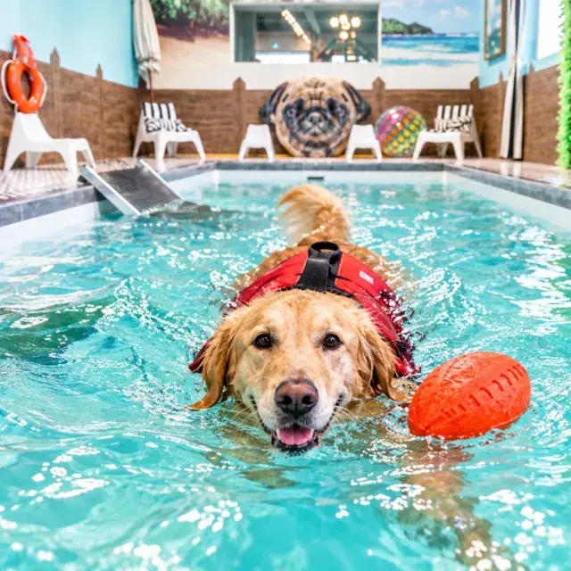 Golden retriever in a life jacket swimming at Yoda’s Splash indoor dog pool