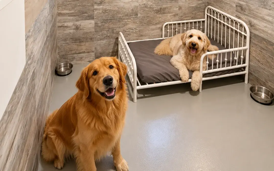 A golden retriever and a goldendoodle in a Deluxe Suite at Sam’s Lodge, dog boarding in Montreal