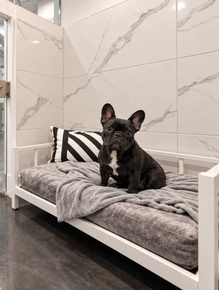 French bulldog on a cushioned bed in a marble-walled condominium at Sam’s Lodge