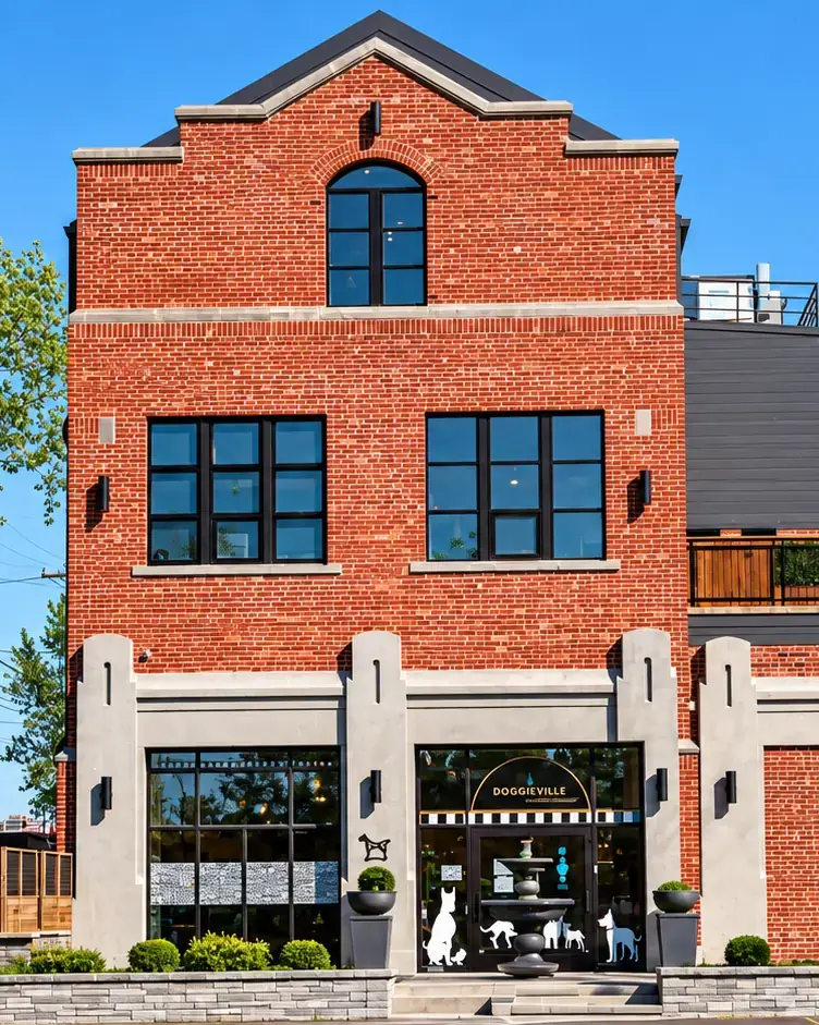 The 1919 red brick Doggieville MTL building on Rue Saint-Patrick by the Lachine Canal, Montreal
