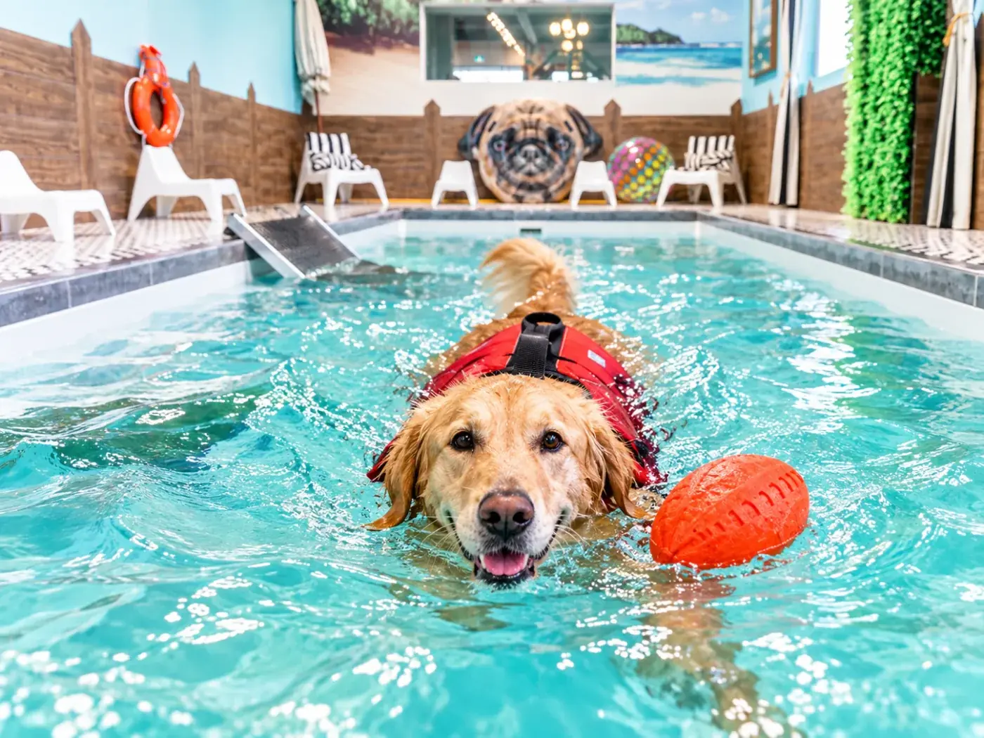 Golden retriever in a life jacket swimming in the Yoda’s Splash indoor dog pool