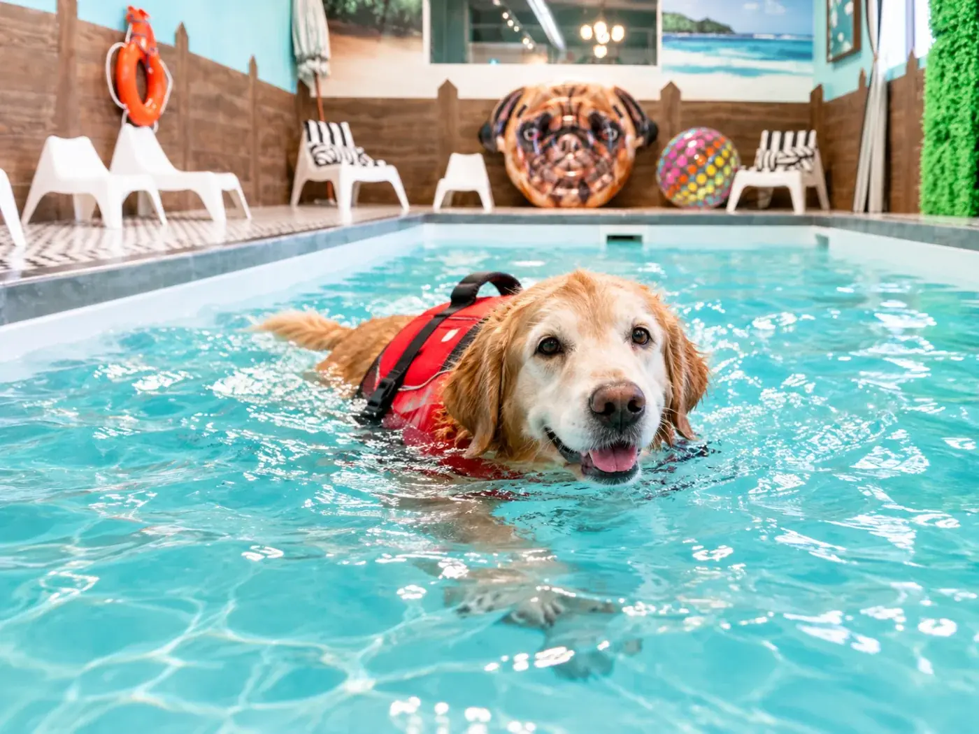Golden retriever âgé qui nage avec une veste de flottaison dans la piscine intérieure chauffée du Splash Yoda, Montréal