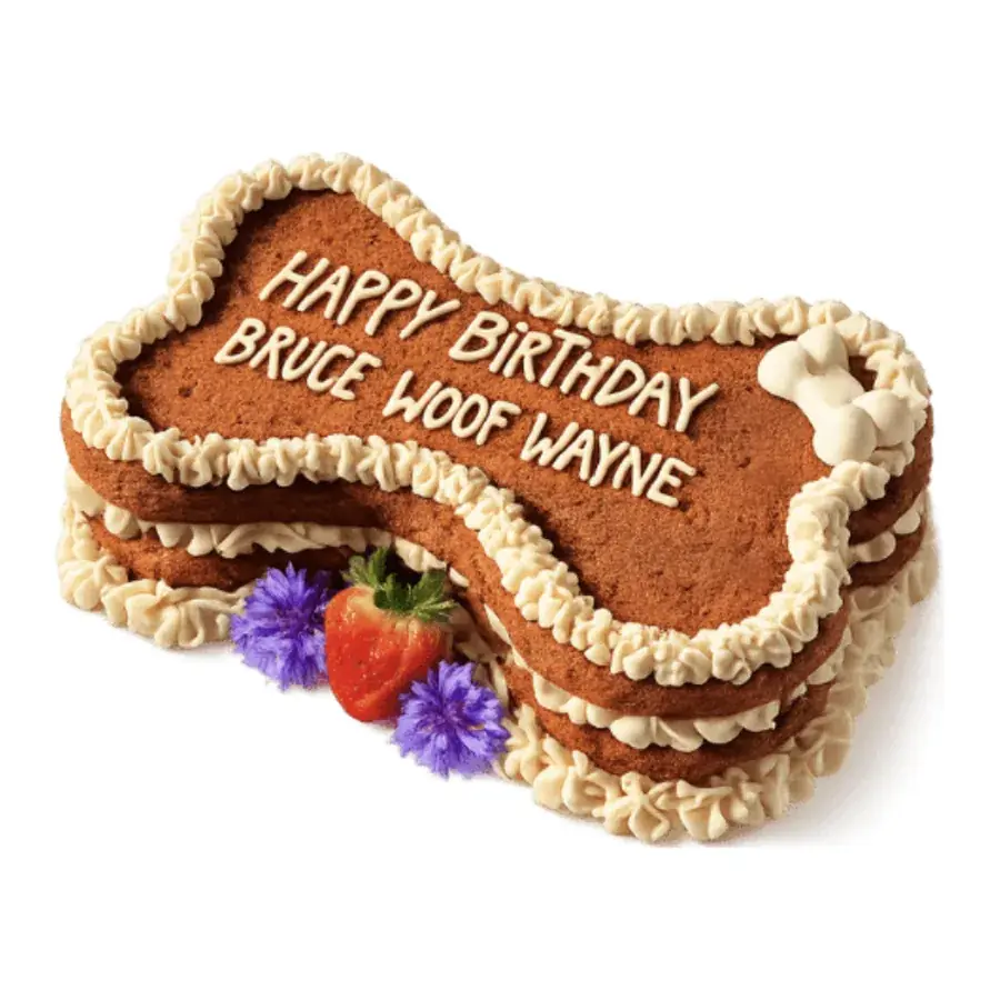 Gâteau d’anniversaire pour chien en forme d’os de 10 po du Ruby Café MTL, avec le nom du chien écrit dessus