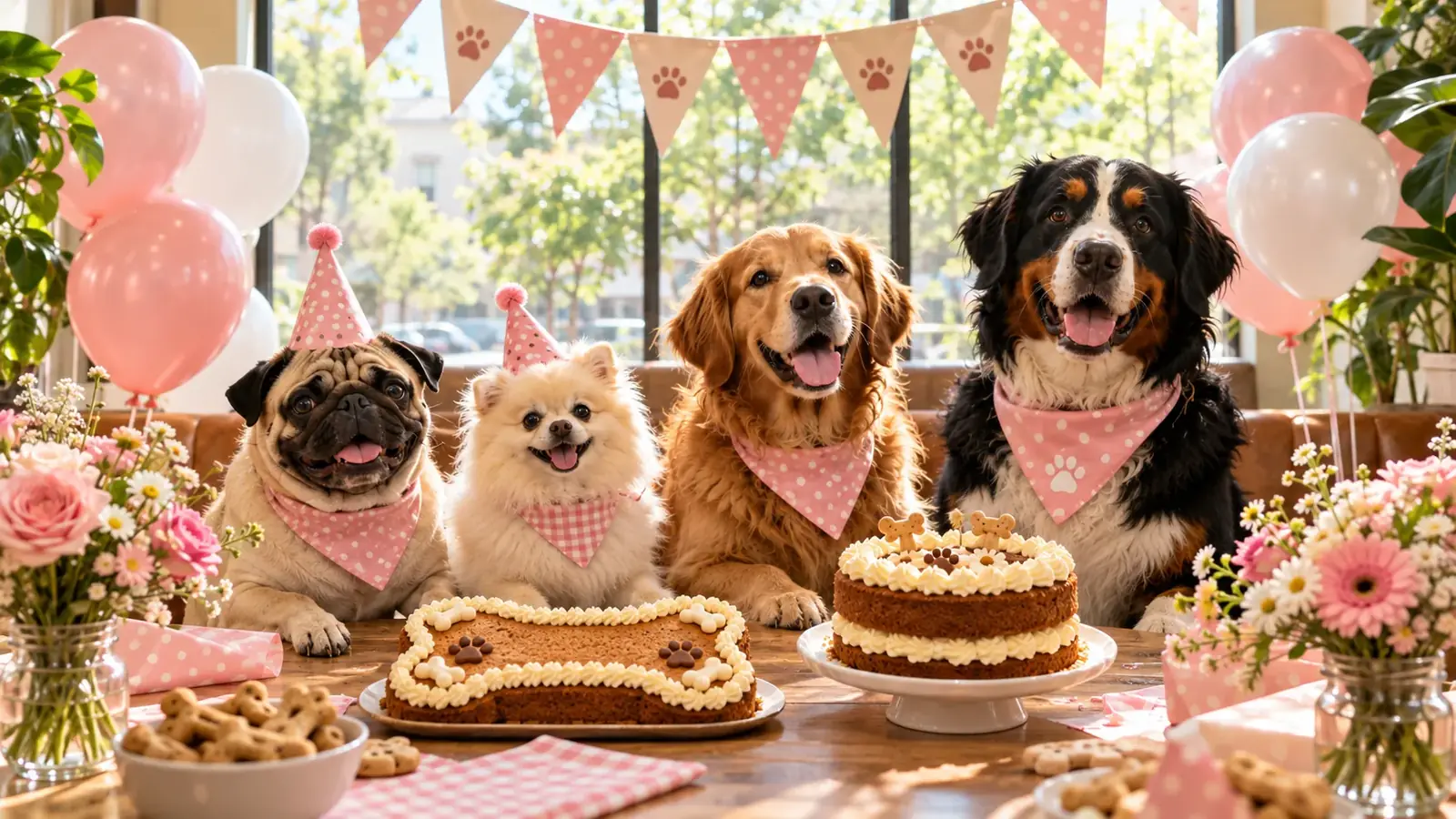 Four dogs in party bandanas and hats at a birthday table with a bone-shaped cake and a round cake at Ruby Café MTL in Montreal