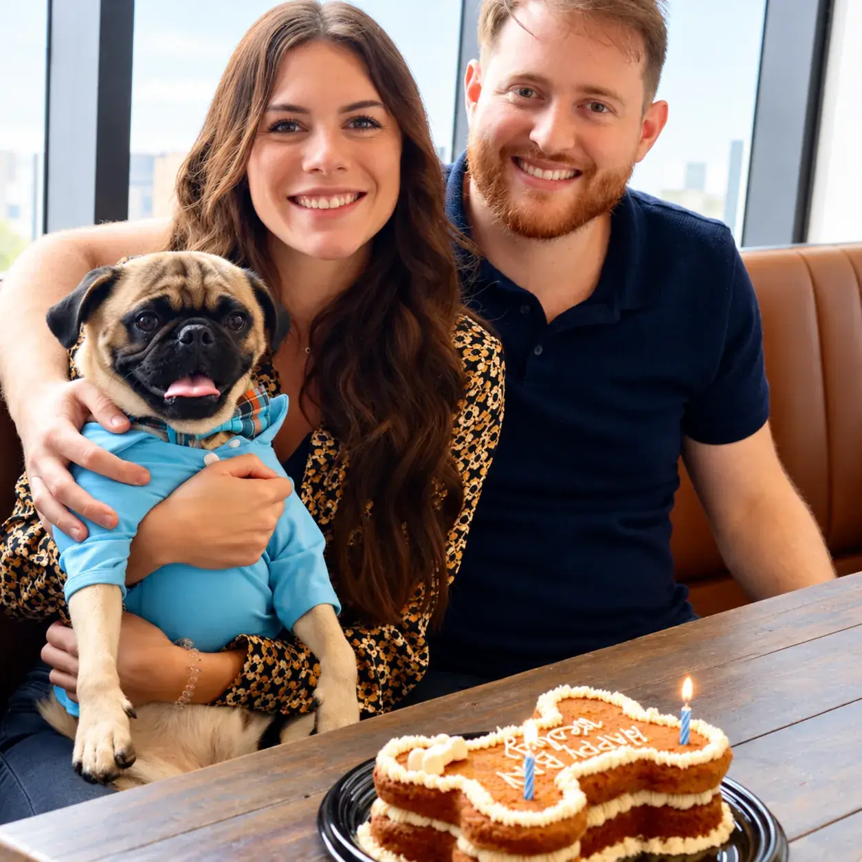 Couple qui fête l’anniversaire de son carlin avec un gâteau en os et des bougies au Ruby Café MTL