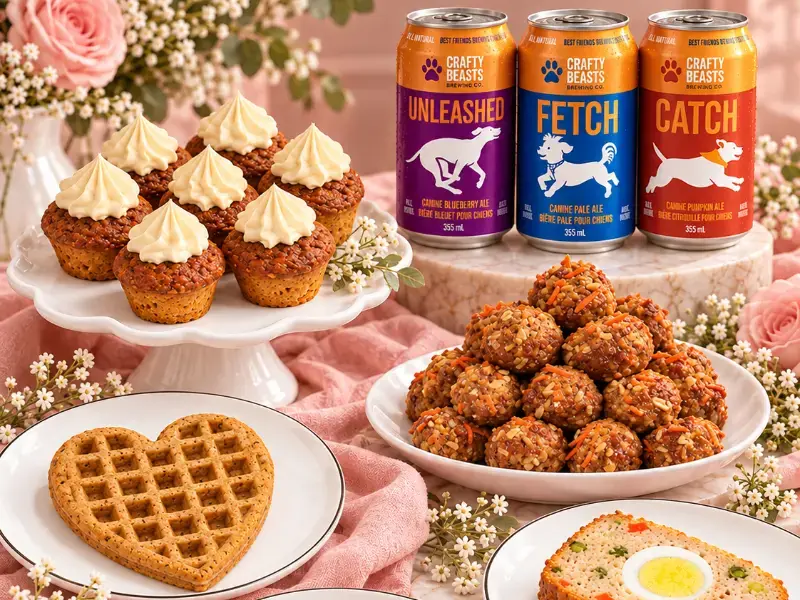 Ruby Café MTL doggie plates: pup cakes, Woof Meatballs, a heart-shaped Pawfle, Woof Loaf and alcohol-free dog beer