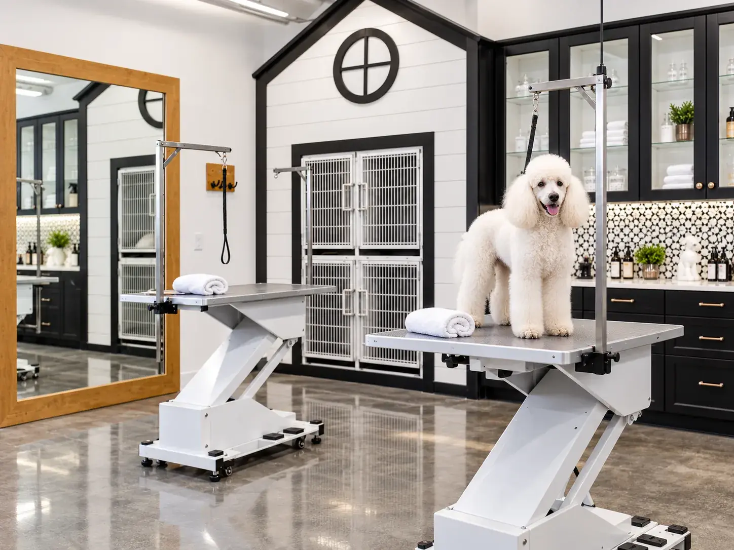 White standard poodle on a grooming table at Chloe’s Spaw, dog grooming salon in Montreal
